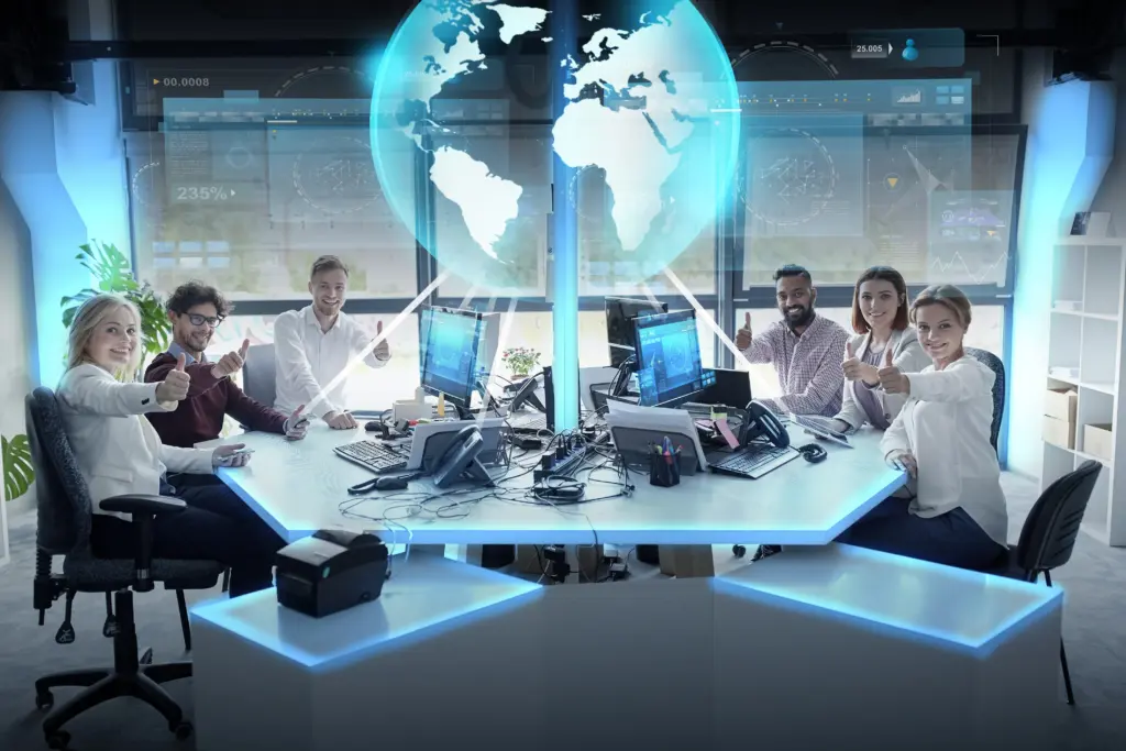 Diverse, smiling team giving thumbs up around a high-tech table with a holographic globe, symbolizing global IT outsourcing.