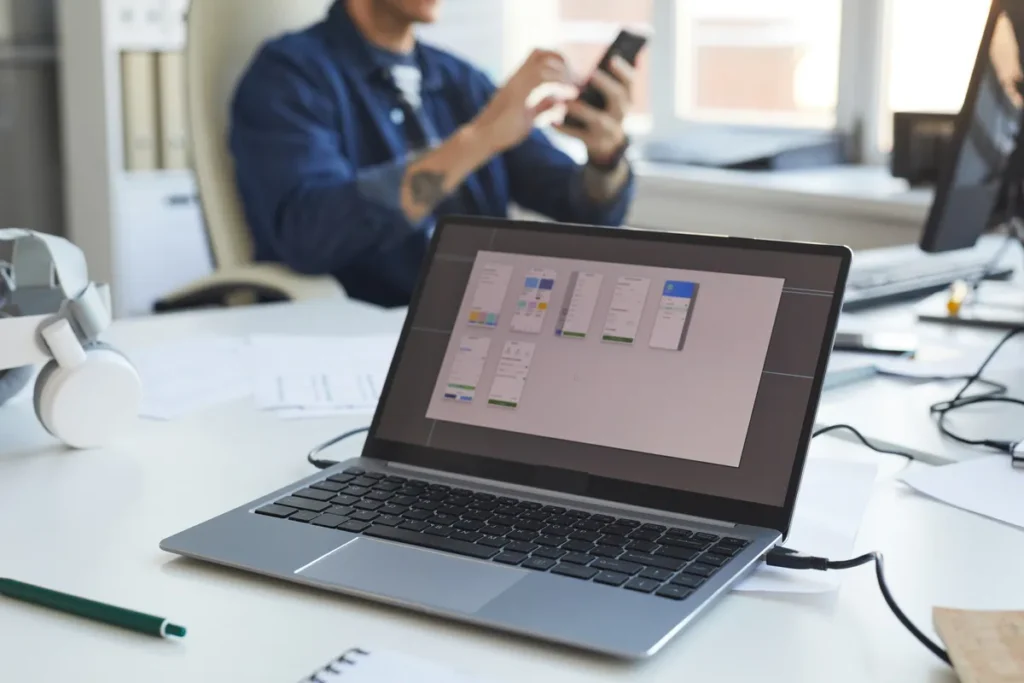 Close-up of laptop screen with software design planning