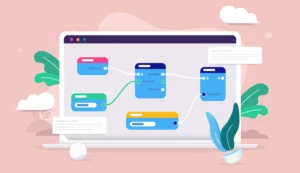 Illustration of a flowchart-style UX design interface displayed on a computer screen, representing simplified user experience and intuitive design.