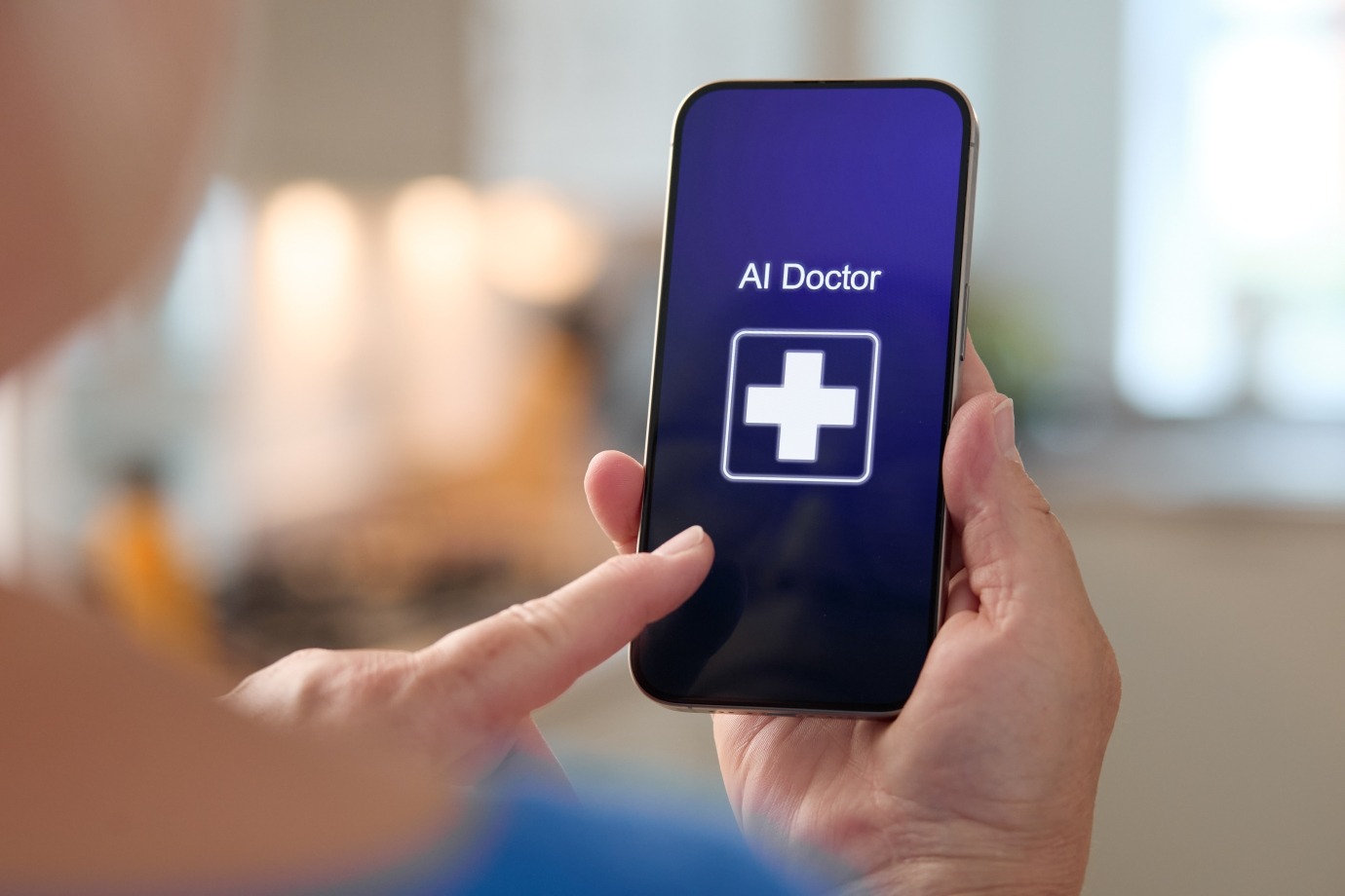 Person using a smartphone with an AI-powered healthcare app on the screen.