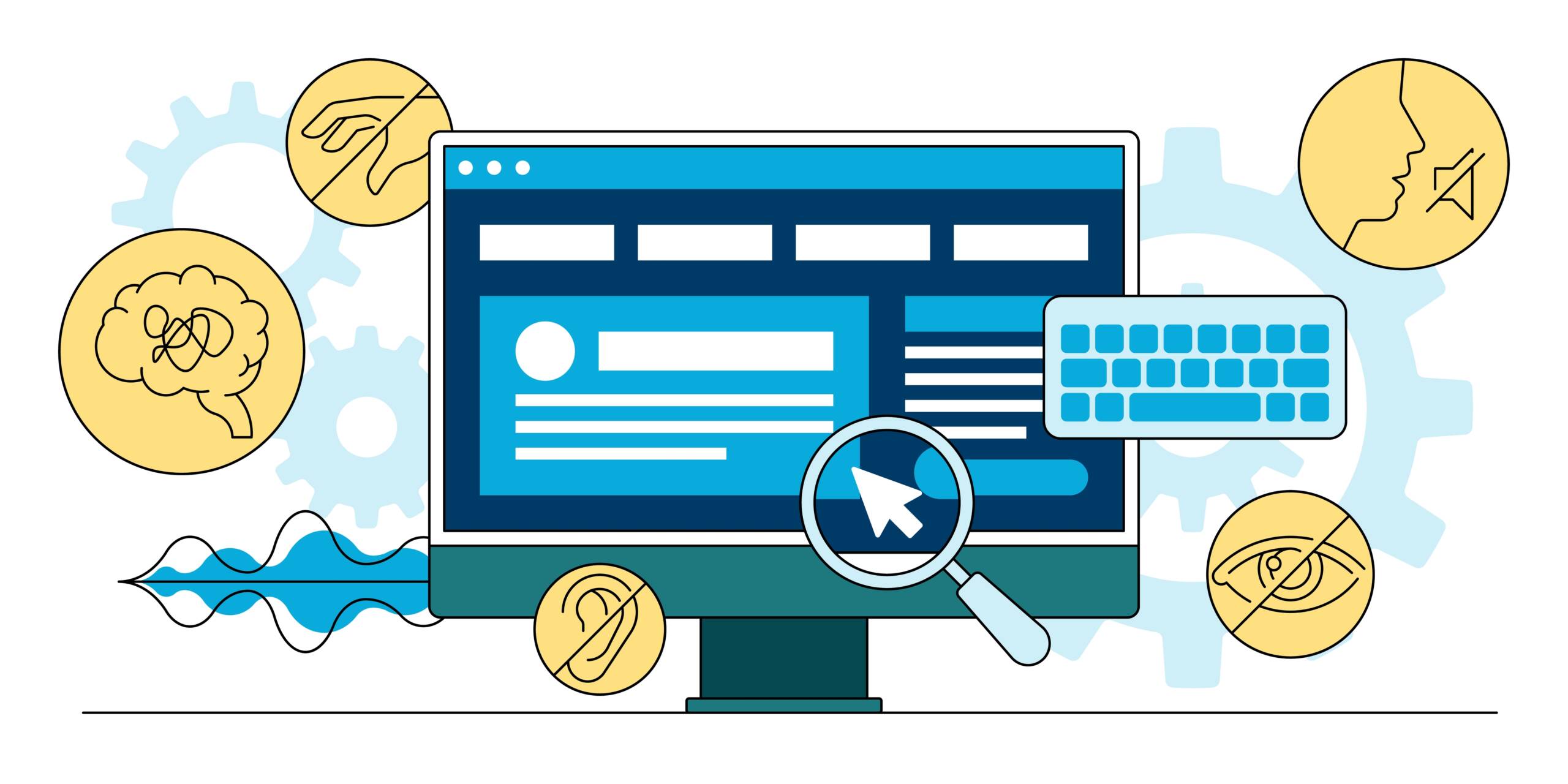 Illustration of a computer screen with accessibility icons representing inclusive design elements such as vision, hearing, cognitive, and motor disabilities.