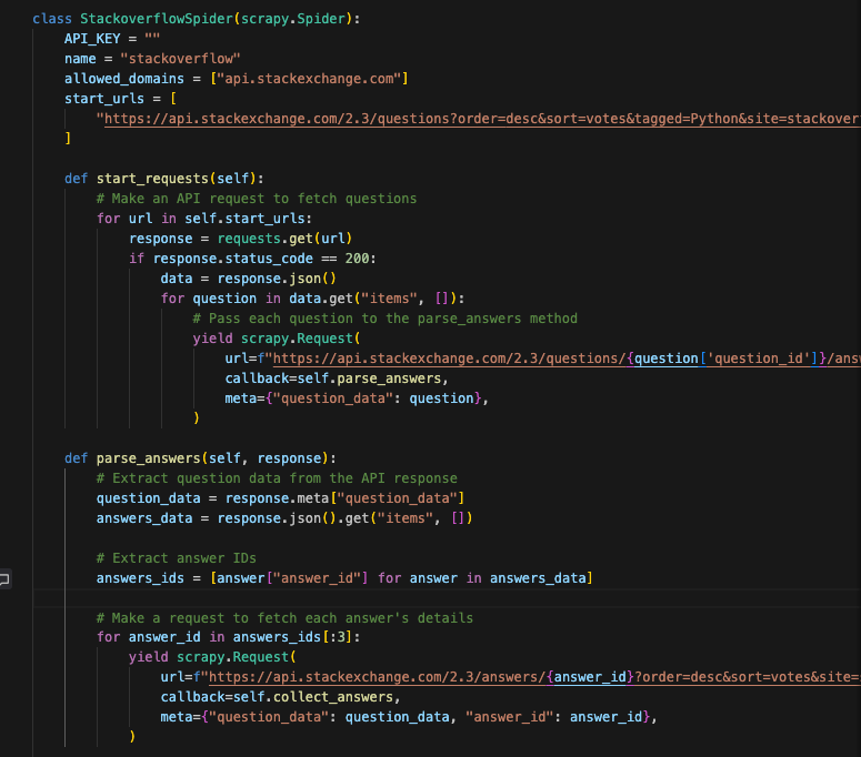 ython code snippet showing how to scrape Stack Overflow questions and answers with Scrapy and prepare data for JSONL transformation.