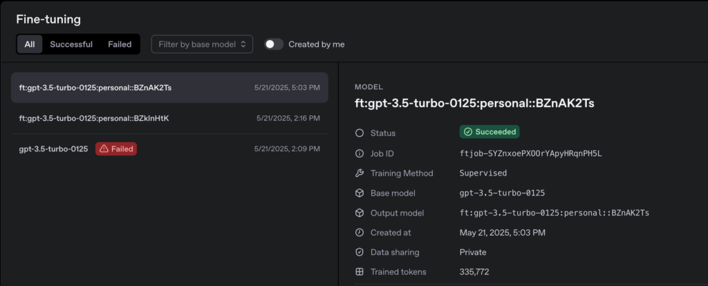 OpenAI fine-tuning dashboard showing a successful GPT-3.5 Turbo fine-tune job with status, job ID, and training details.