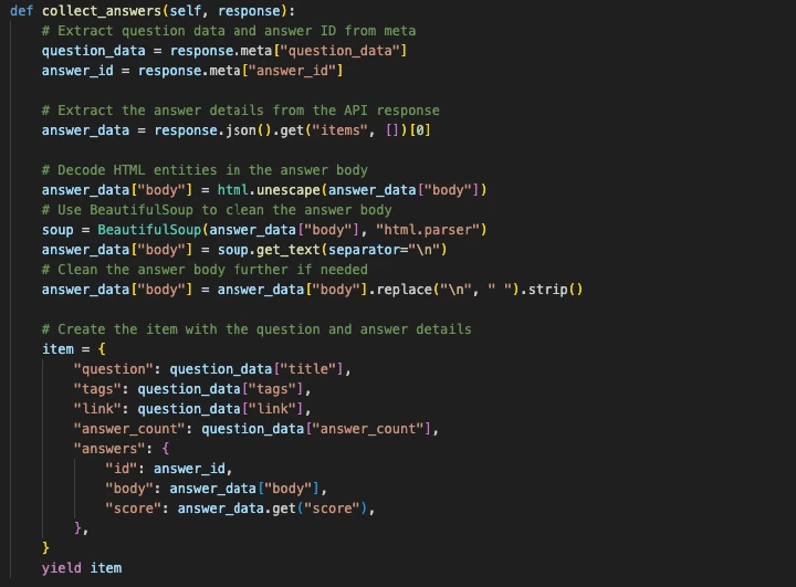 Python function using BeautifulSoup and HTML unescape to clean Stack Overflow answers and format Q&A into structured JSON.