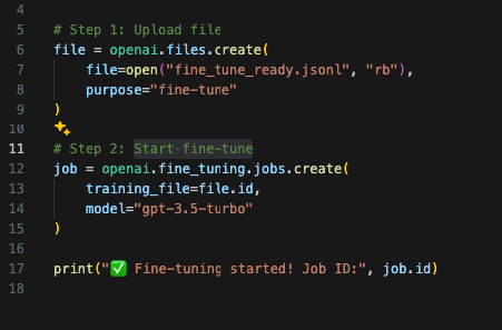 Python script to upload a JSONL dataset and start a fine-tuning job with OpenAI GPT-3.5 Turbo.