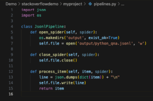 Python Scrapy pipeline code for exporting Stack Overflow Q&A data into a JSONL file format.