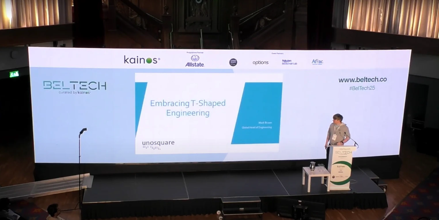 Mark Brown presenting "Embracing T-Shaped Engineering" at BelTech 2025