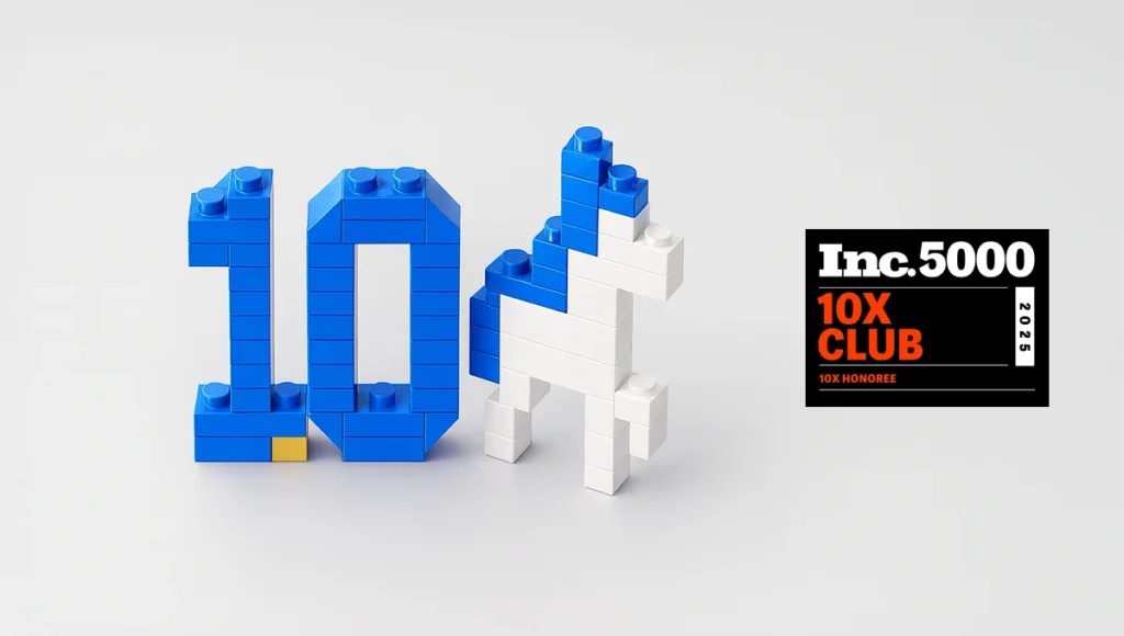 Blue and white LEGO bricks forming “10x” with a unicorn, celebrating unosquare’s 2025 Inc. 5000 10X Club honor