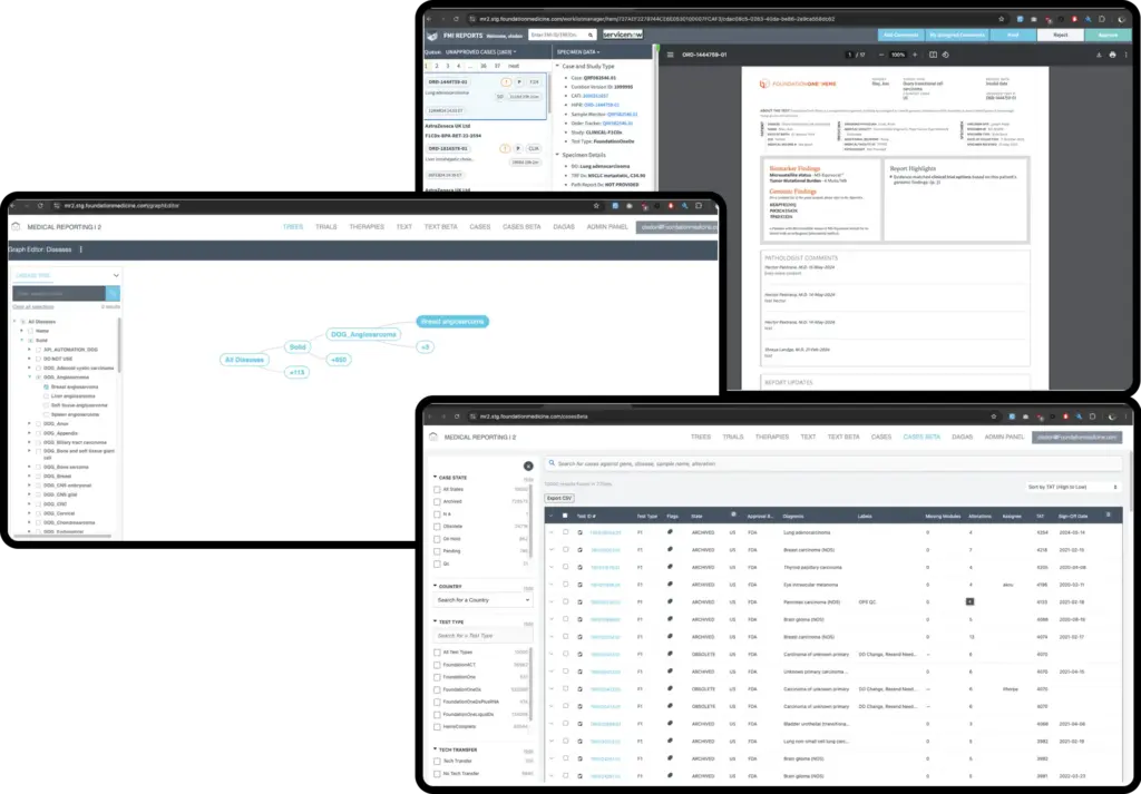 Screenshots of the custom genomic reporting and case management platform developed by unosquare for Foundation Medicine.
