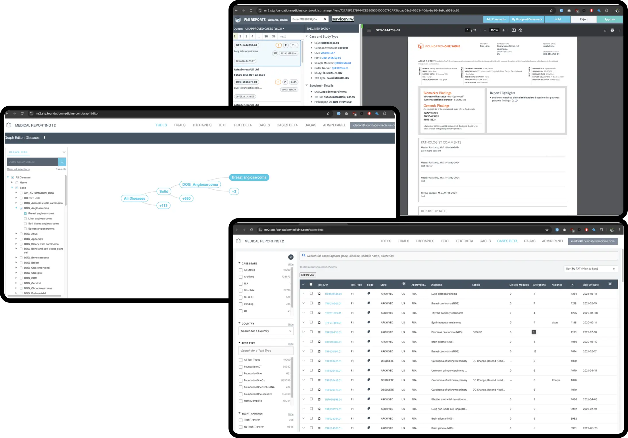 Screenshots of the custom genomic reporting and case management platform developed by unosquare for Foundation Medicine.