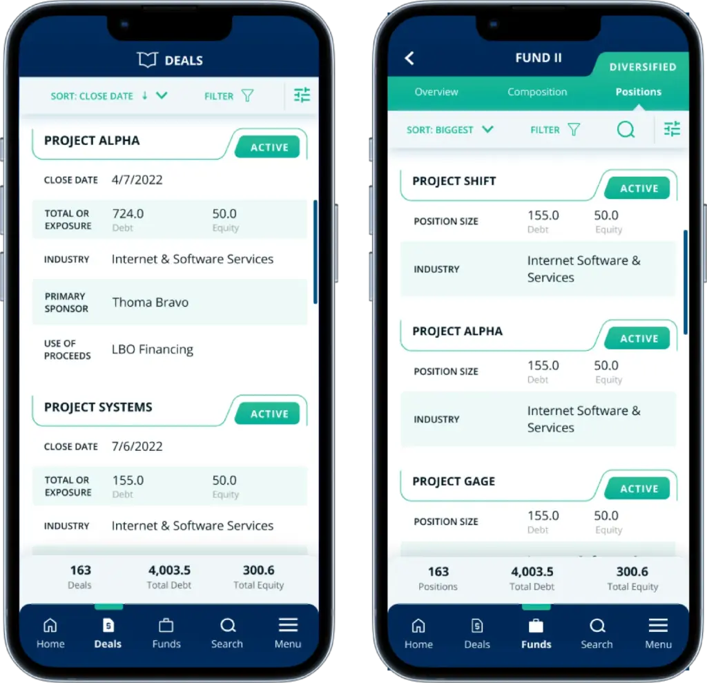 Blue Owl private equity mobile app showing deals list with project details and fund positions view with debt-equity breakdowns