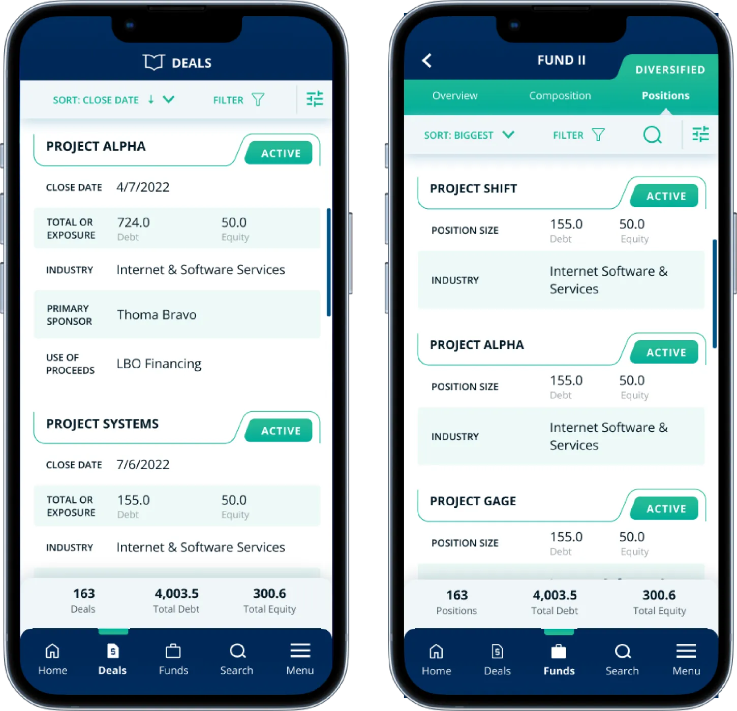 Blue Owl private equity mobile app showing deals list with project details and fund positions view with debt-equity breakdowns