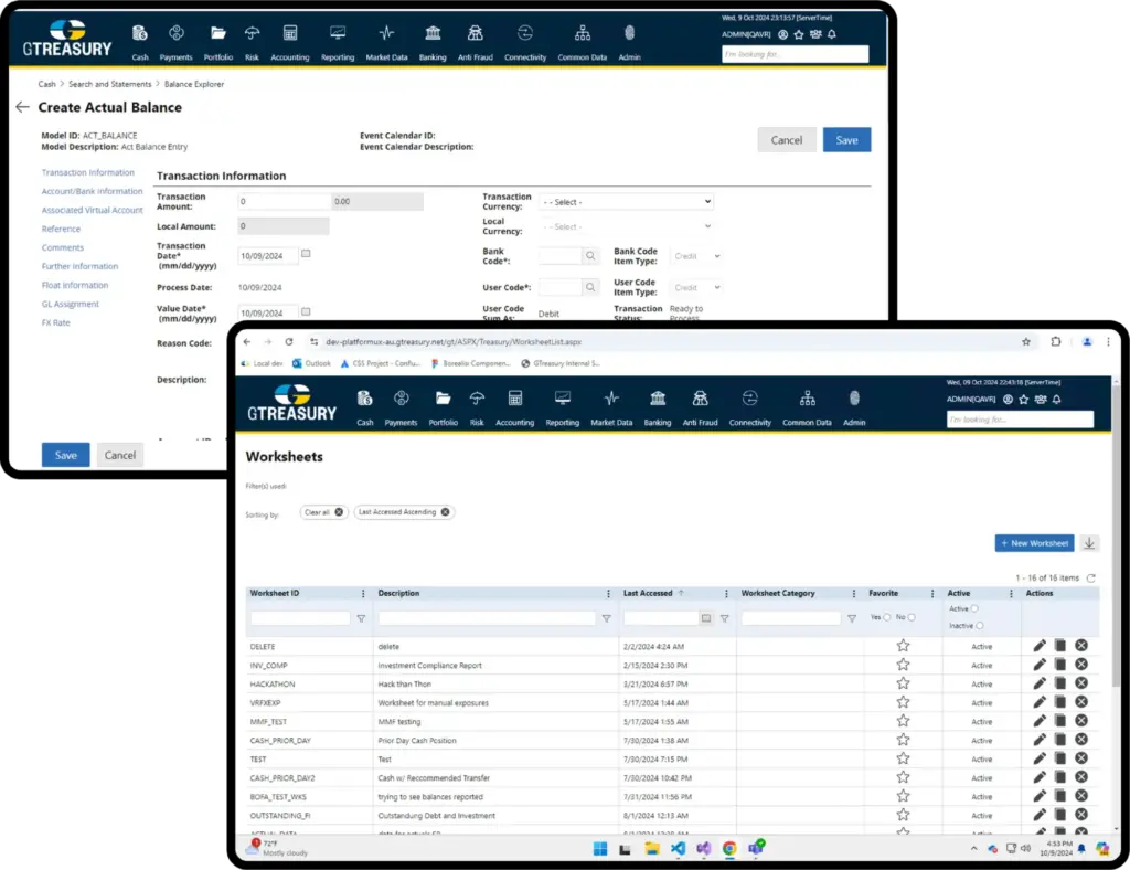 GTreasury platform screens showing balance entry form and worksheets dashboard with transaction management and accounting workflows