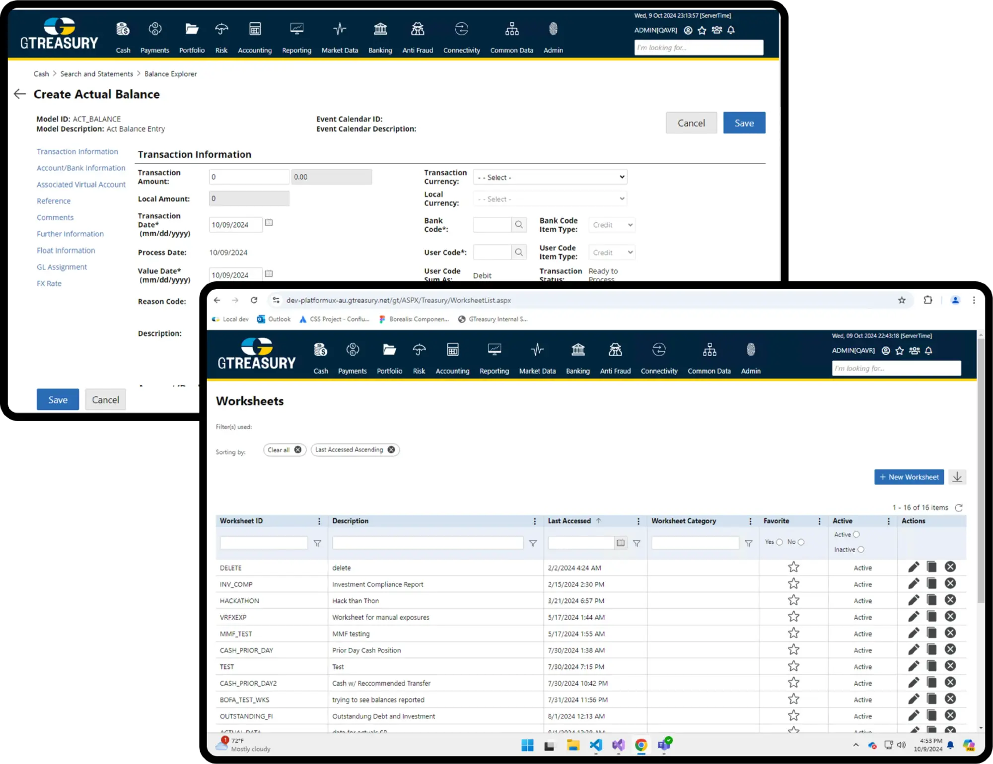 GTreasury platform screens showing balance entry form and worksheets dashboard with transaction management and accounting workflows