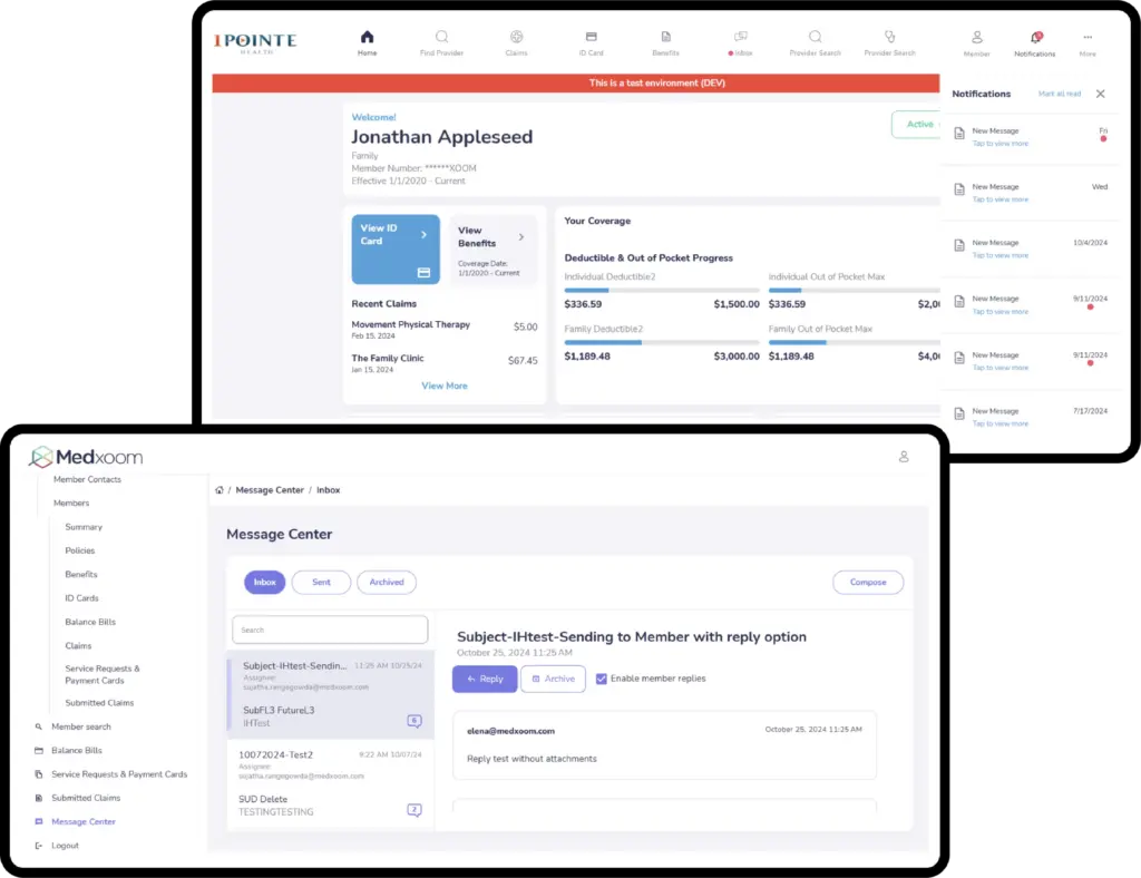 Pointe Health member portal and Medxoom message center interfaces showing claims tracking, coverage progress bars, and secure messaging functionality