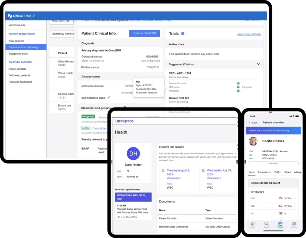 Flatiron Health OncoTrials and CareSpace platforms showing patient clinical information, trial matching, lab results, and appointment scheduling across desktop and mobile devices