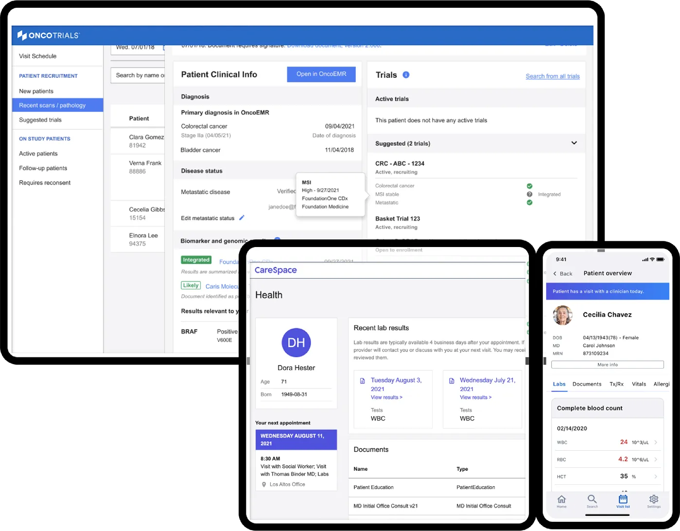 Flatiron Health OncoTrials and CareSpace platforms showing patient clinical information, trial matching, lab results, and appointment scheduling across desktop and mobile devices
