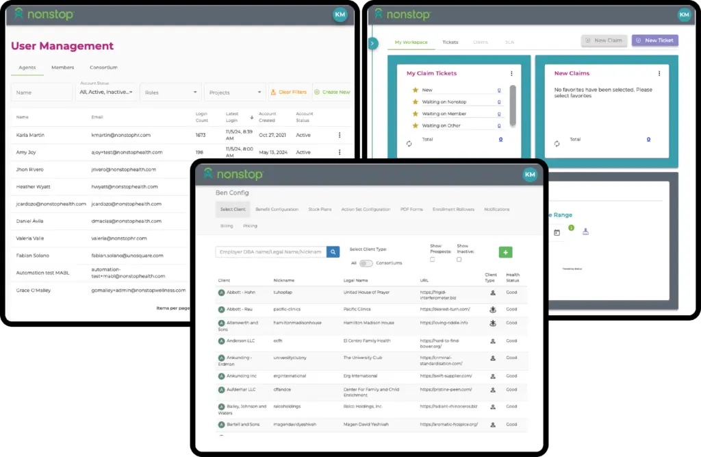 Nonstop Health platform interfaces showing user management, claims ticketing system, client configuration, and benefits enrollment across admin and member portals