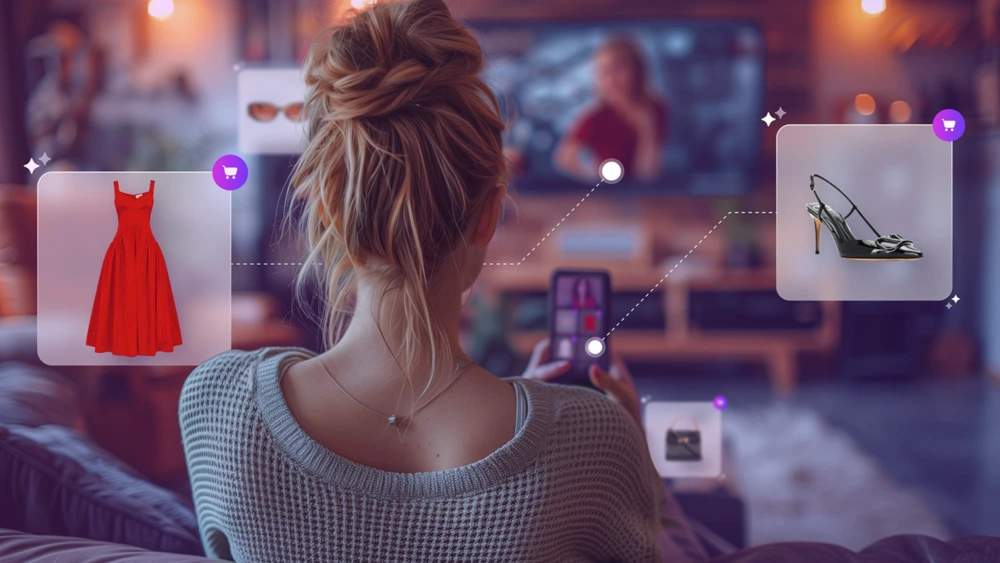 Shopsense AI recommendation engine showing real-time product suggestions (red dress and black heels) overlaid on shopper viewing live event content