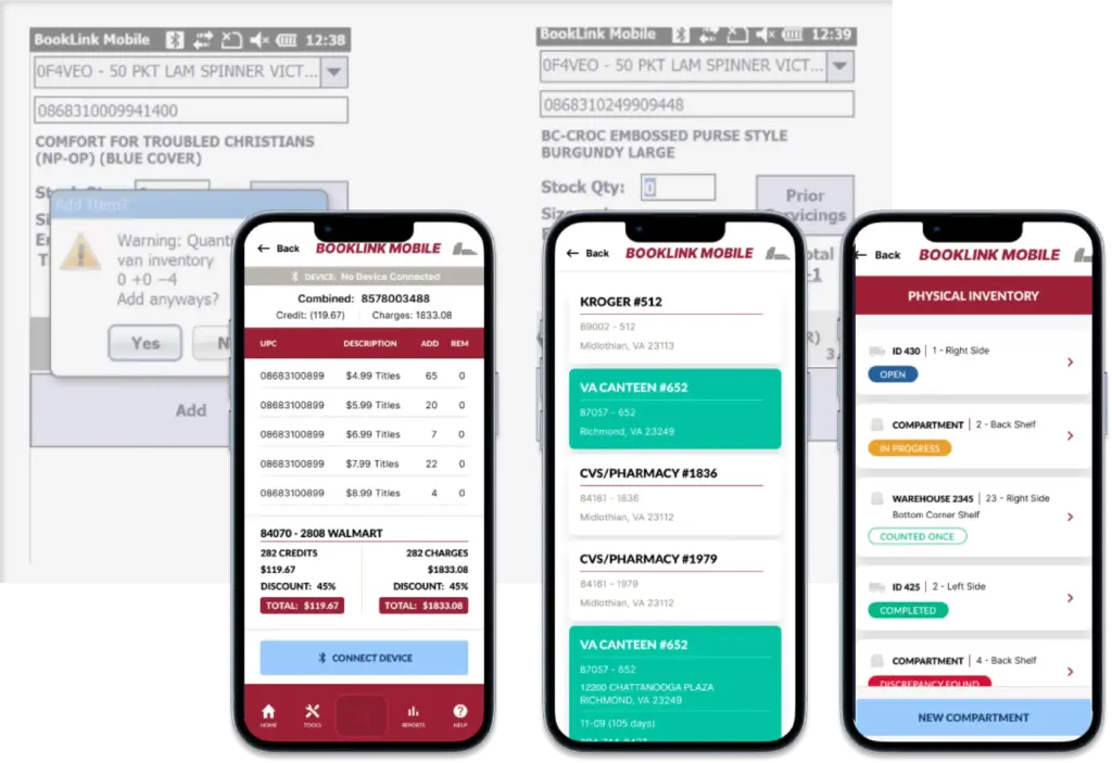 BookLink Mobile app screens showing inventory management, store locations, and physical inventory tracking for Choice Books