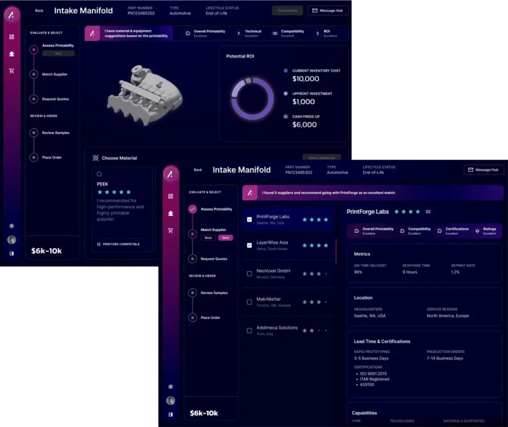 Accio3D marketplace interface showing intake manifold part analysis with AI-driven printability assessment, supplier matching workflow, ROI calculator, and material recommendations including PEEK polymer specifications