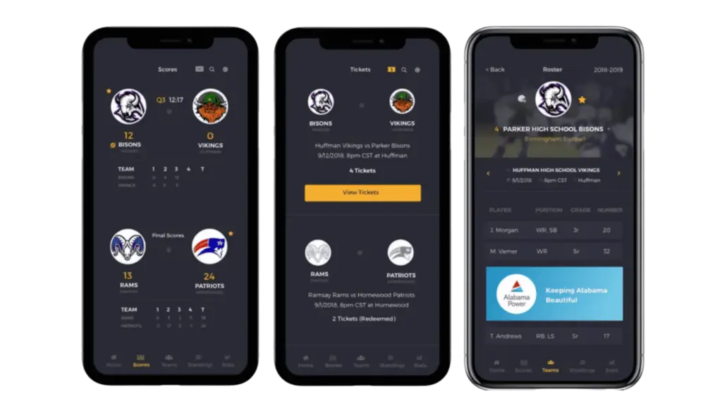 Pure Game mobile app screens showing live scores, ticketing system, and team rosters with sponsor integration for high school sports
