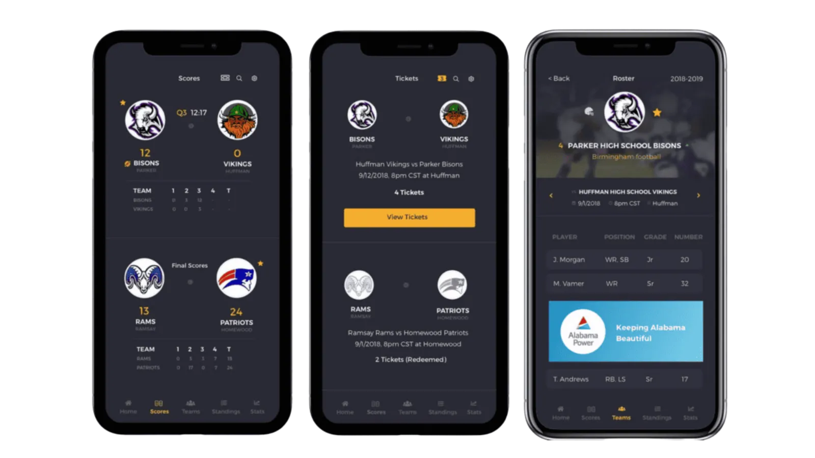 Pure Game mobile app screens showing live scores, ticketing system, and team rosters with sponsor integration for high school sports