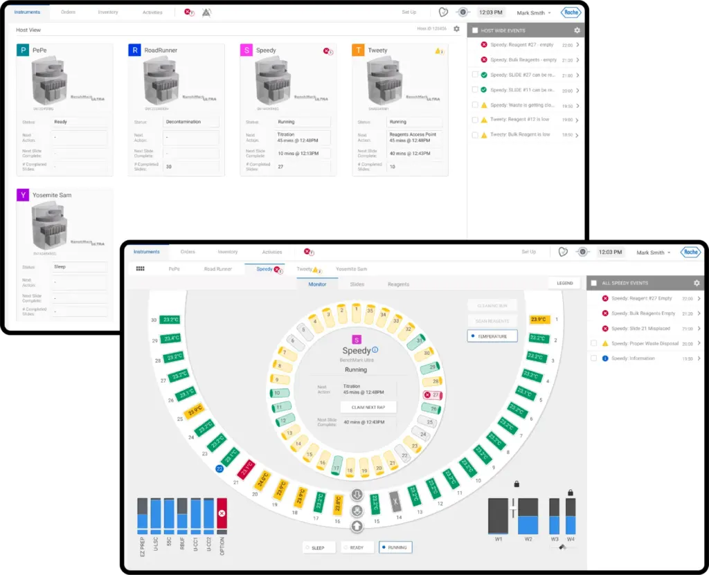 Ventana unified instrument interface showing host view of multiple tissue processors and detailed carousel monitoring with real-time temperature tracking and slide management