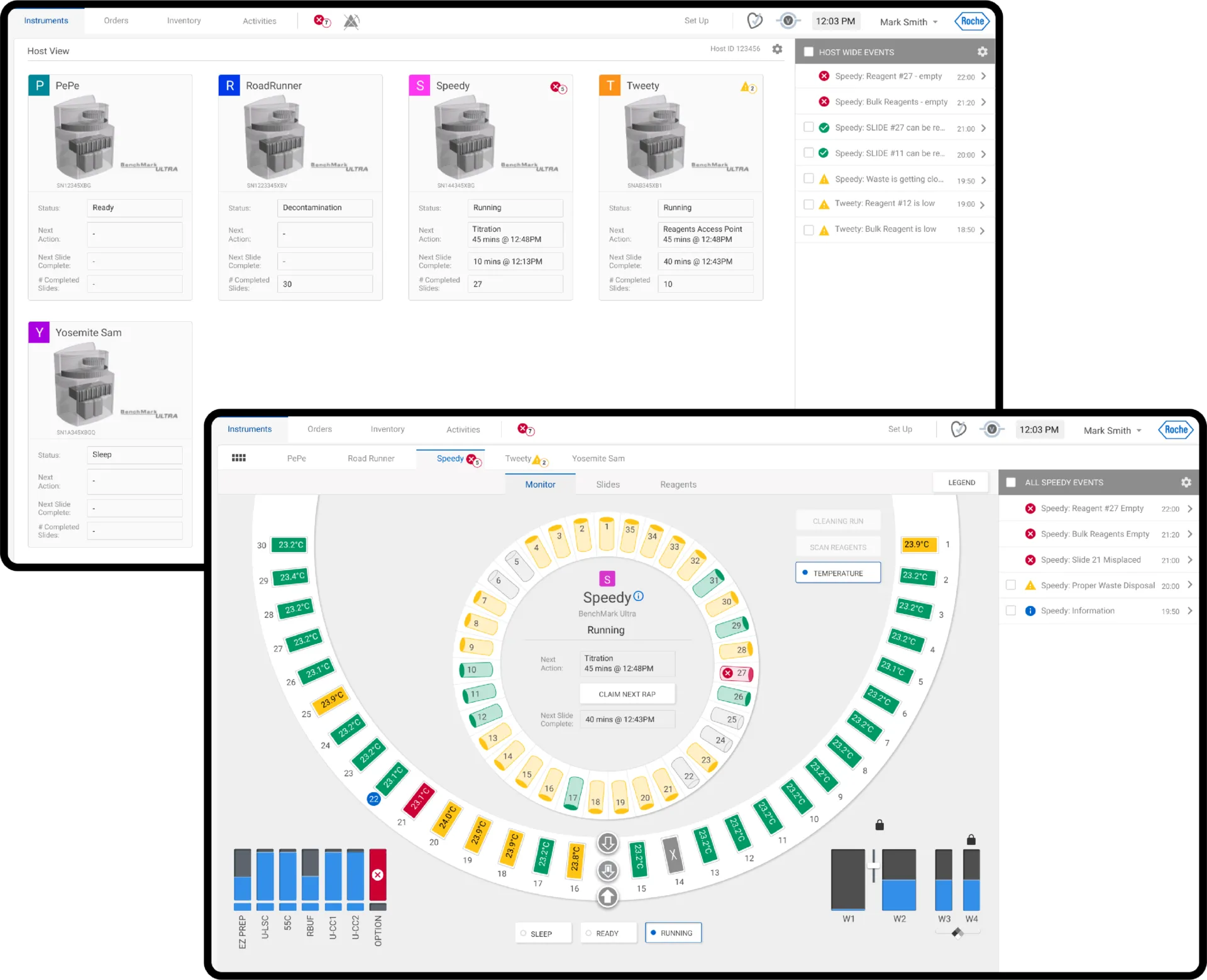 Ventana unified instrument interface showing host view of multiple tissue processors and detailed carousel monitoring with real-time temperature tracking and slide management