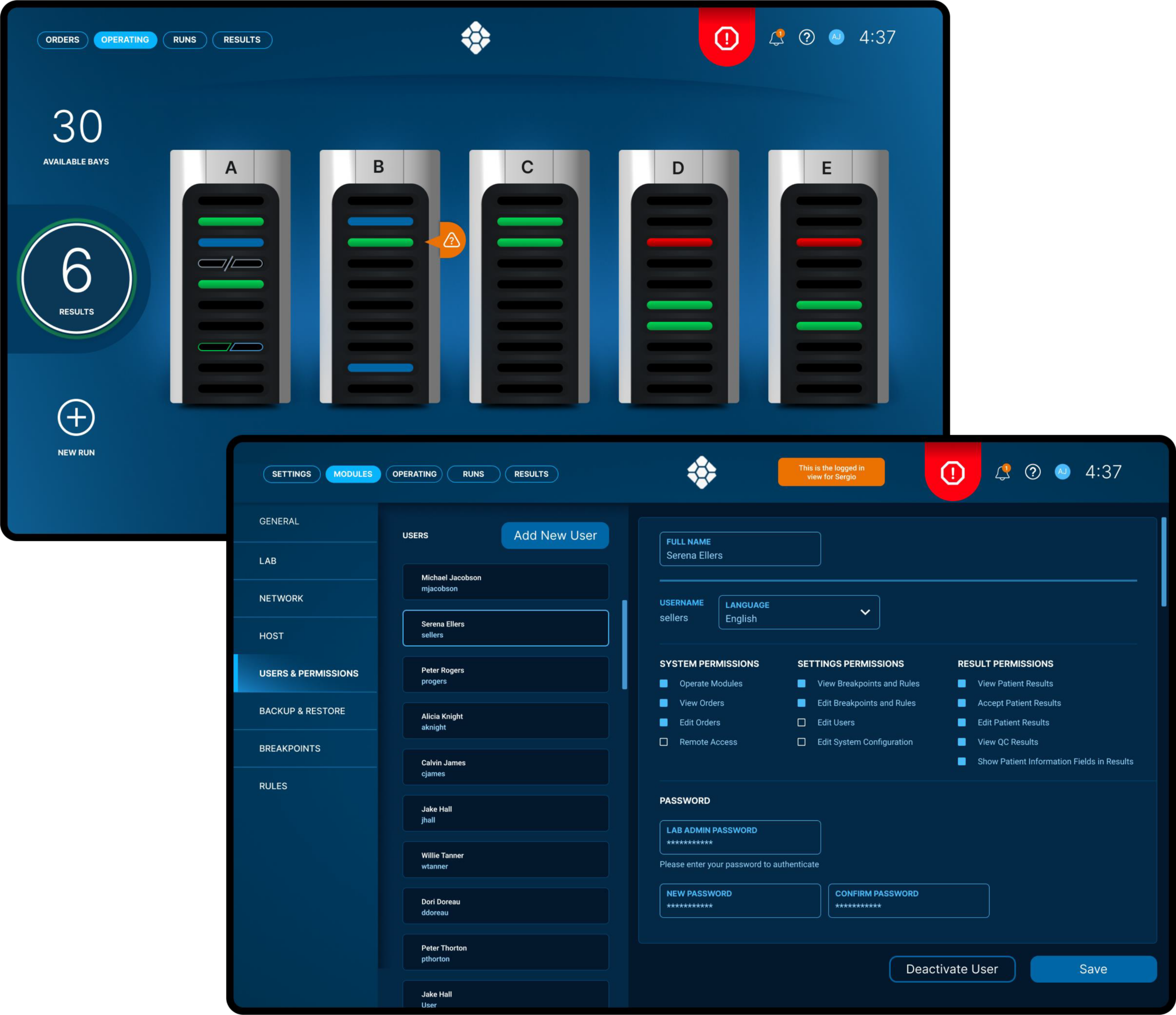 Software interface for lab management displaying equipment status and user administration settings.