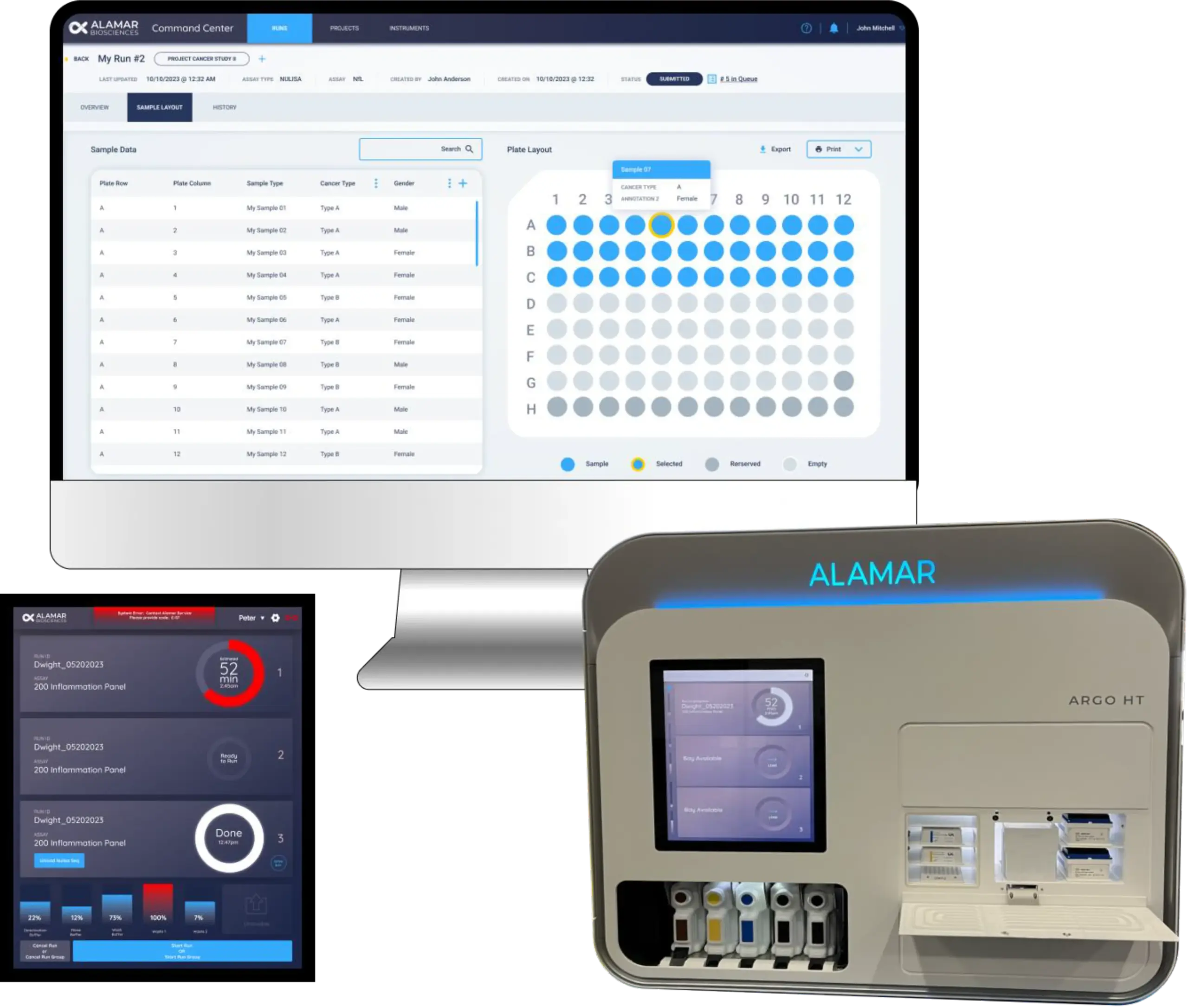 A desktop computer and an Alamar ARGO HT lab instrument, both displaying the Alamar Biosciences software interface.