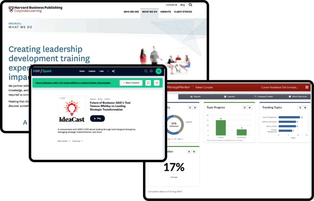 AI Talent Search Tool interfaces showing Harvard Business Publishing content matching, similarity visualization, and ManageMentor analytics dashboard