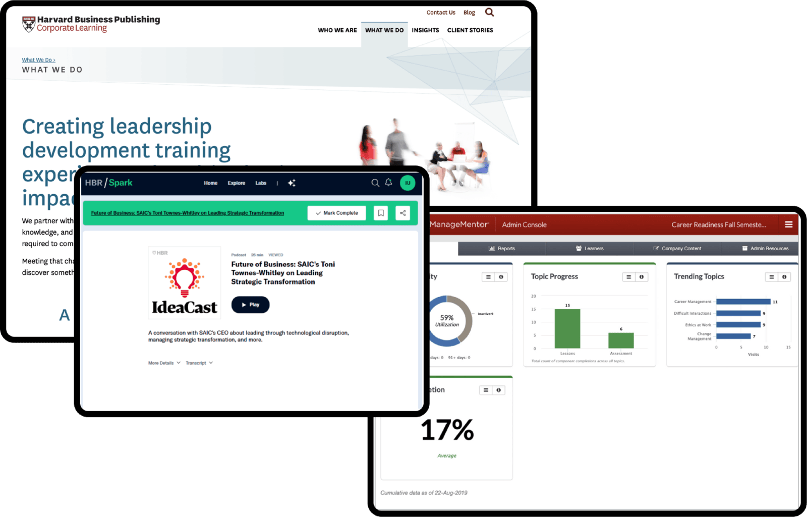 AI Talent Search Tool interfaces showing Harvard Business Publishing content matching, similarity visualization, and ManageMentor analytics dashboard