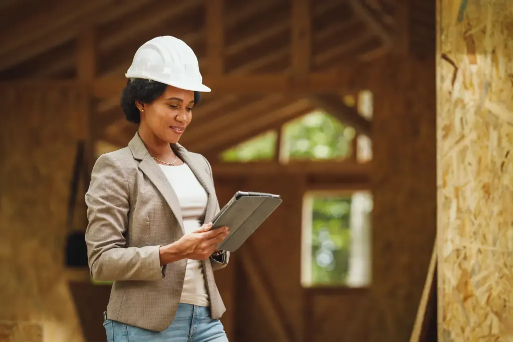 Female construction manager in hard hat reviewing project data on a tablet inside a wood-framed building, representing field technicians using Groundworks' modernized mobile case management platform