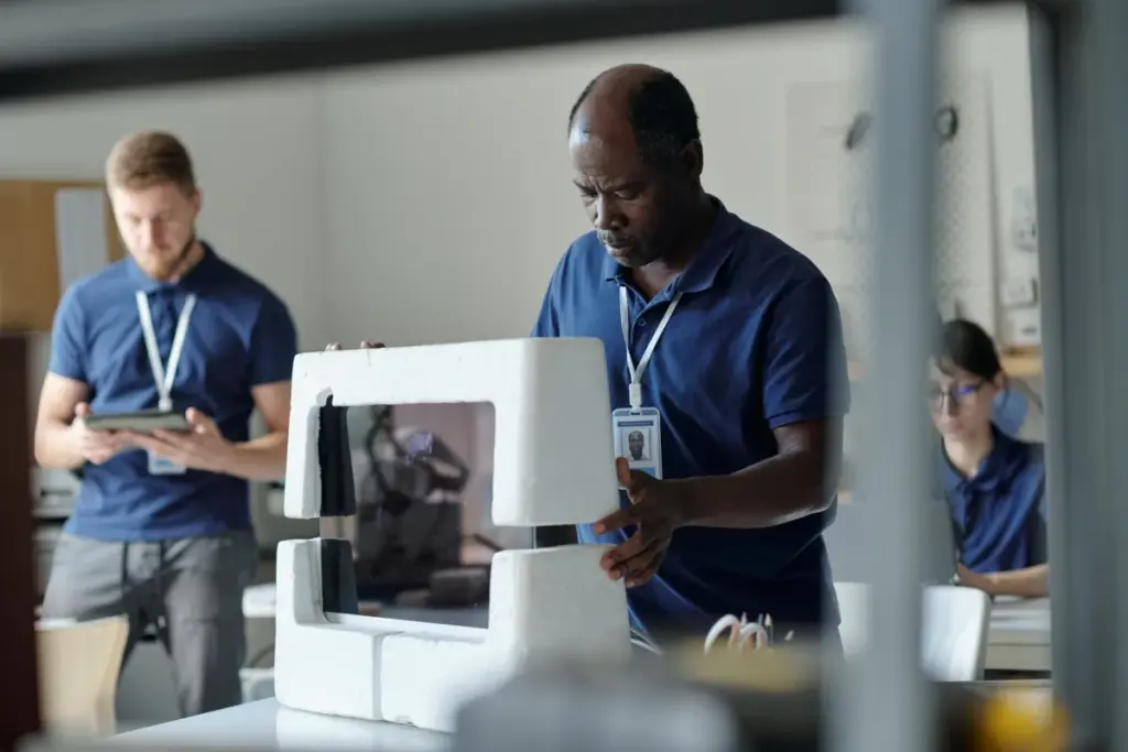 A technology professional examining a hardware component in a modern engineering lab, representing unosquare's software solutions for the hi-tech industry.