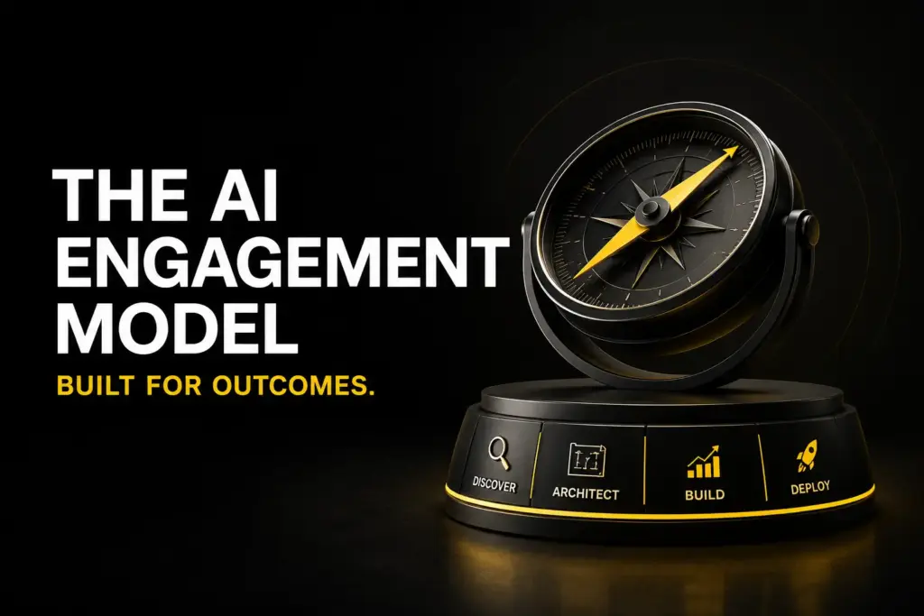 Premium enterprise technology cover image featuring a matte black and yellow compass symbolizing a fixed-fee AI engagement model, strategic AI implementation, predictable delivery, and outcome-driven custom AI software development.