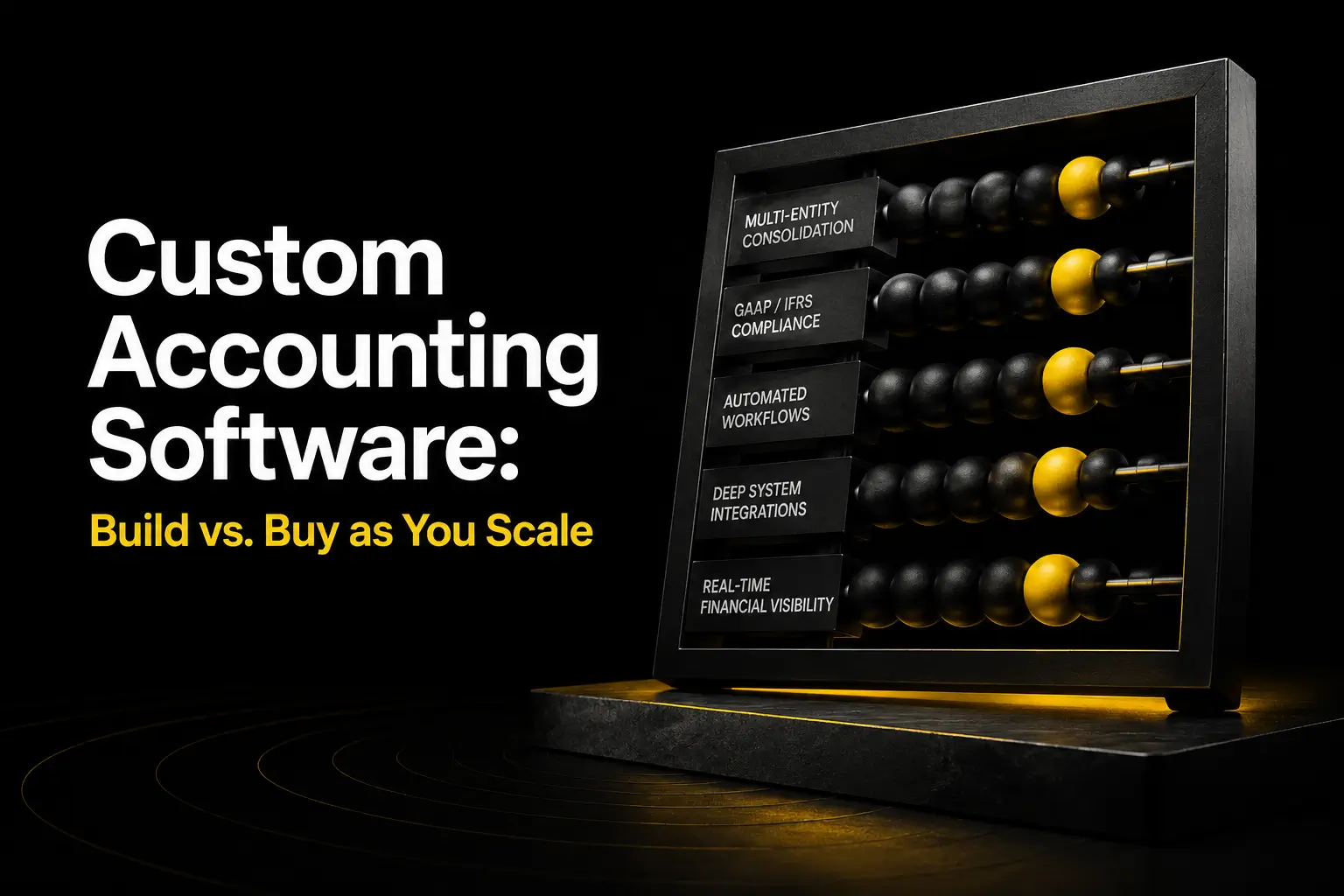 Custom accounting software build vs buy comparison featuring a premium black and gold enterprise accounting system metaphor with an abacus representing multi-entity consolidation, compliance, automation, integrations, and financial visibility for scaling businesses.