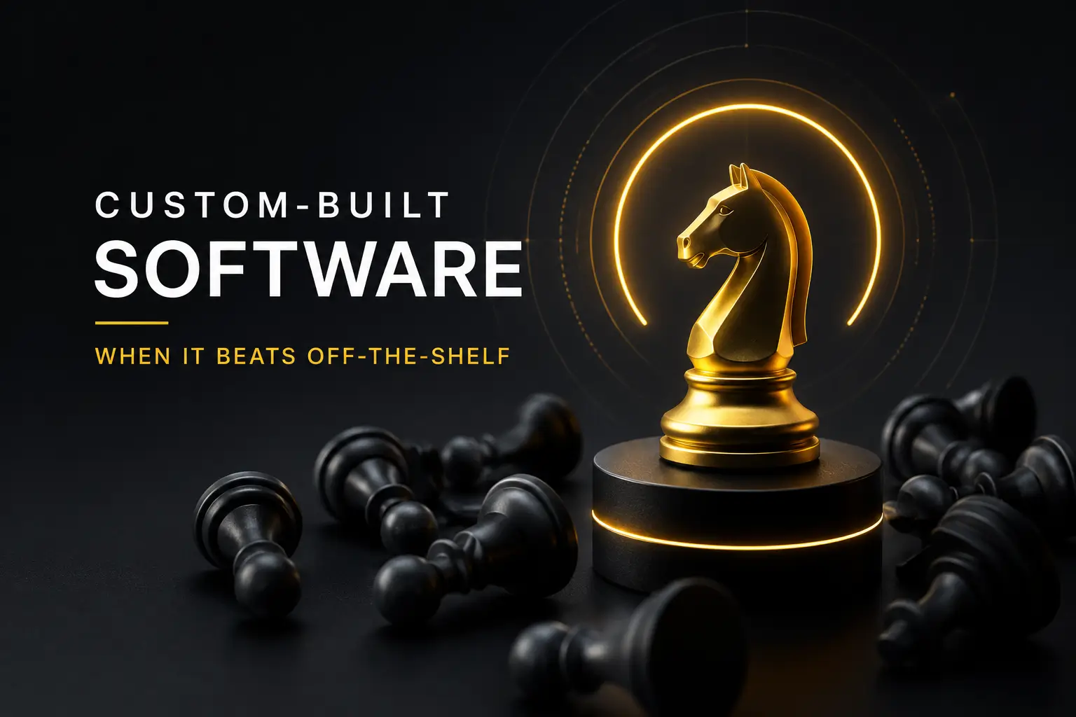 Golden chess knight representing custom-built software standing above fallen generic pieces, illustrating how custom software creates competitive advantage, ownership, scalability, and strategic differentiation beyond off-the-shelf solutions.