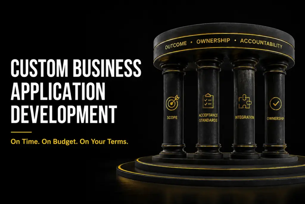 Custom Business Application Development blog cover featuring four architectural pillars representing scope, acceptance standards, integration, and ownership, symbolizing fixed-fee software delivery with predictable outcomes, full code ownership, and enterprise-grade execution.