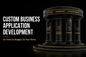 Custom Business Application Development blog cover featuring four architectural pillars representing scope, acceptance standards, integration, and ownership, symbolizing fixed-fee software delivery with predictable outcomes, full code ownership, and enterprise-grade execution.