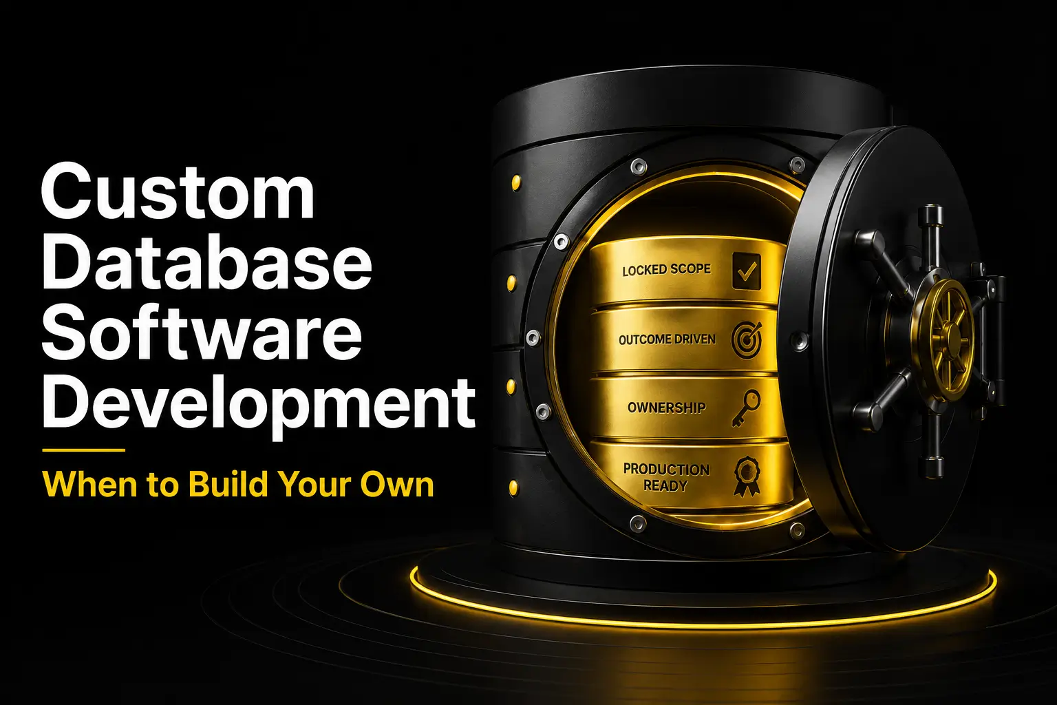 Custom database software development concept featuring a secure enterprise-grade database vault with outcome-based delivery, ownership, and production-ready architecture represented through a premium black-and-gold 3D visual.