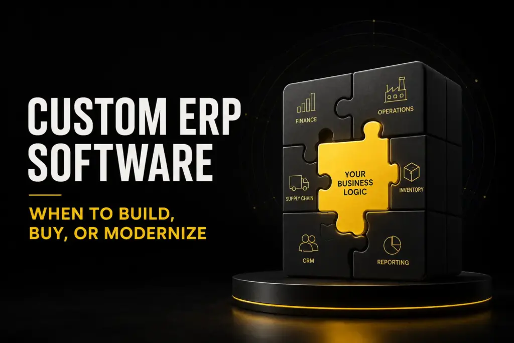 Custom ERP software illustration showing a modular enterprise system built around unique business logic, comparing when to build, buy, or modernize ERP platforms for scalable operations.