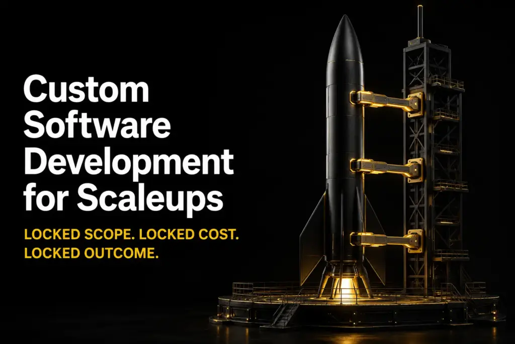 Premium enterprise technology blog cover featuring a matte-black rocket secured by three precision launch clamps, symbolizing locked scope, locked cost, and locked outcomes for scaleups investing in custom software development.
