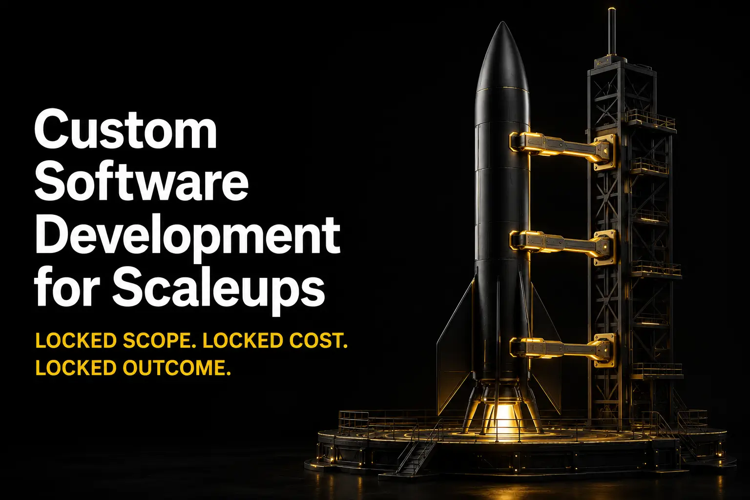 Premium enterprise technology blog cover featuring a matte-black rocket secured by three precision launch clamps, symbolizing locked scope, locked cost, and locked outcomes for scaleups investing in custom software development.