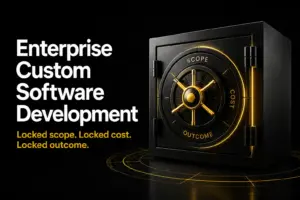 Enterprise custom software development concept featuring a premium black vault with illuminated gold accents representing locked scope, locked cost, and locked outcomes in a fixed-fee software development engagement.