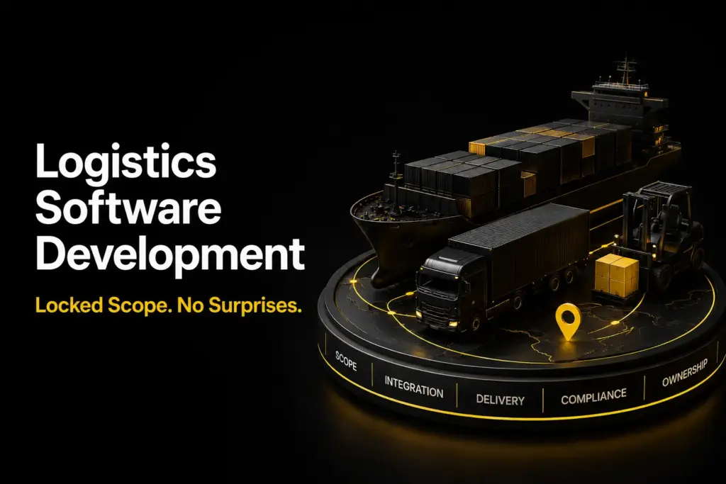 Premium enterprise logistics software development cover image featuring a black-and-gold 3D logistics platform with a cargo ship, freight truck, forklift, and connected supply chain routes, illustrating fixed-fee delivery, locked scope, compliance, integration, and predictable project outcomes.