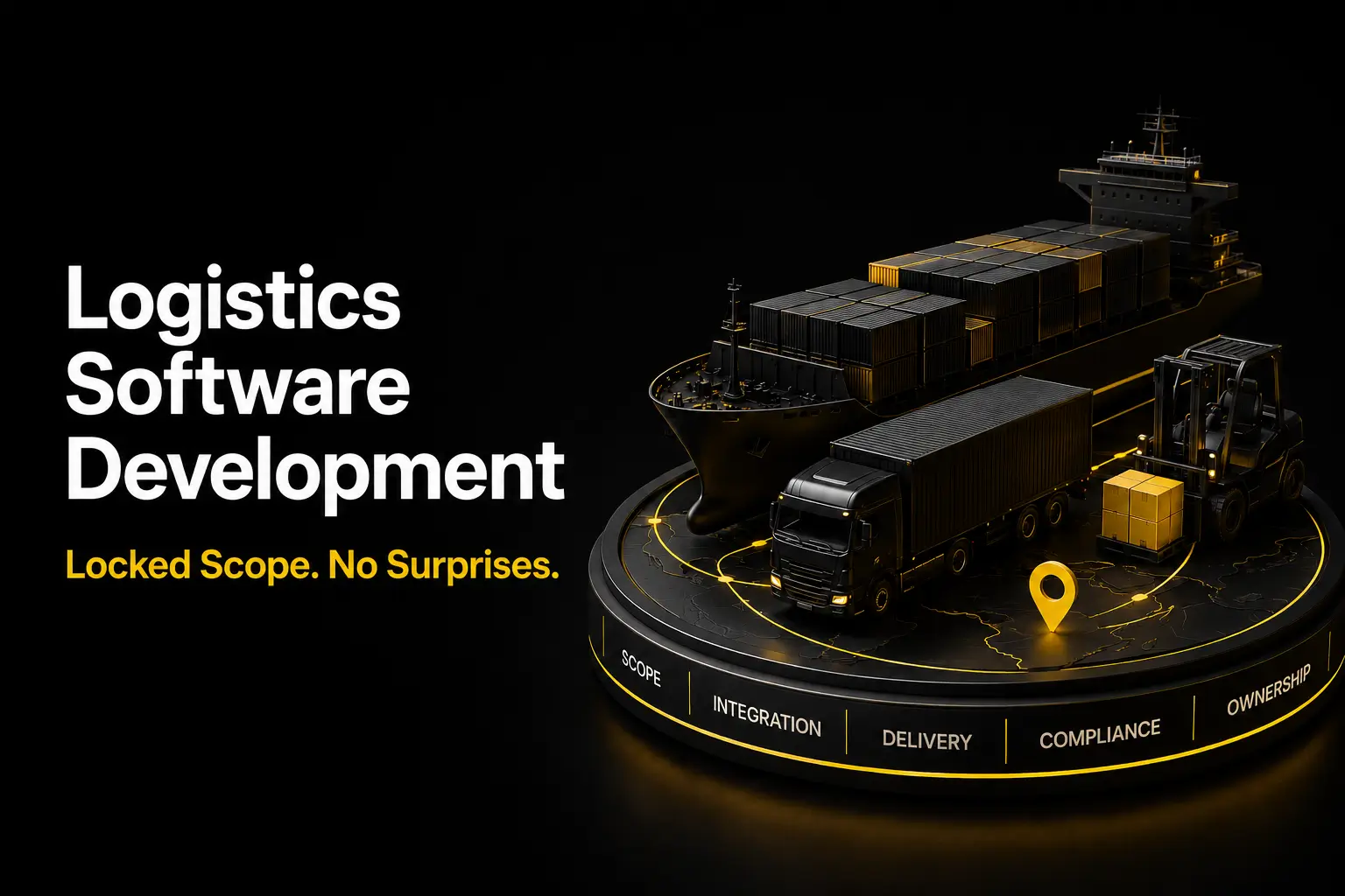 Premium enterprise logistics software development cover image featuring a black-and-gold 3D logistics platform with a cargo ship, freight truck, forklift, and connected supply chain routes, illustrating fixed-fee delivery, locked scope, compliance, integration, and predictable project outcomes.