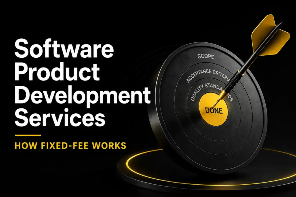 Software Product Development Services fixed-fee model illustration featuring a premium black target with a dart hitting the center "DONE" zone, symbolizing locked scope, acceptance criteria, and successful software delivery outcomes.