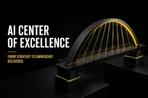 Dark title graphic reading AI Center of Excellence: From Strategy to Ownership. Delivered., beside a black single-arch bridge model with glowing yellow suspension cables