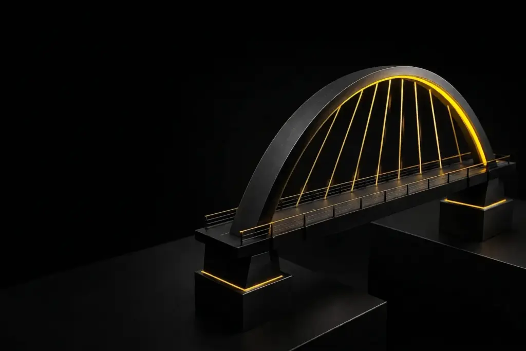 Sleek 3D glowing bridge model representing an AI Center of Excellence framework connecting pilot programs to enterprise production.